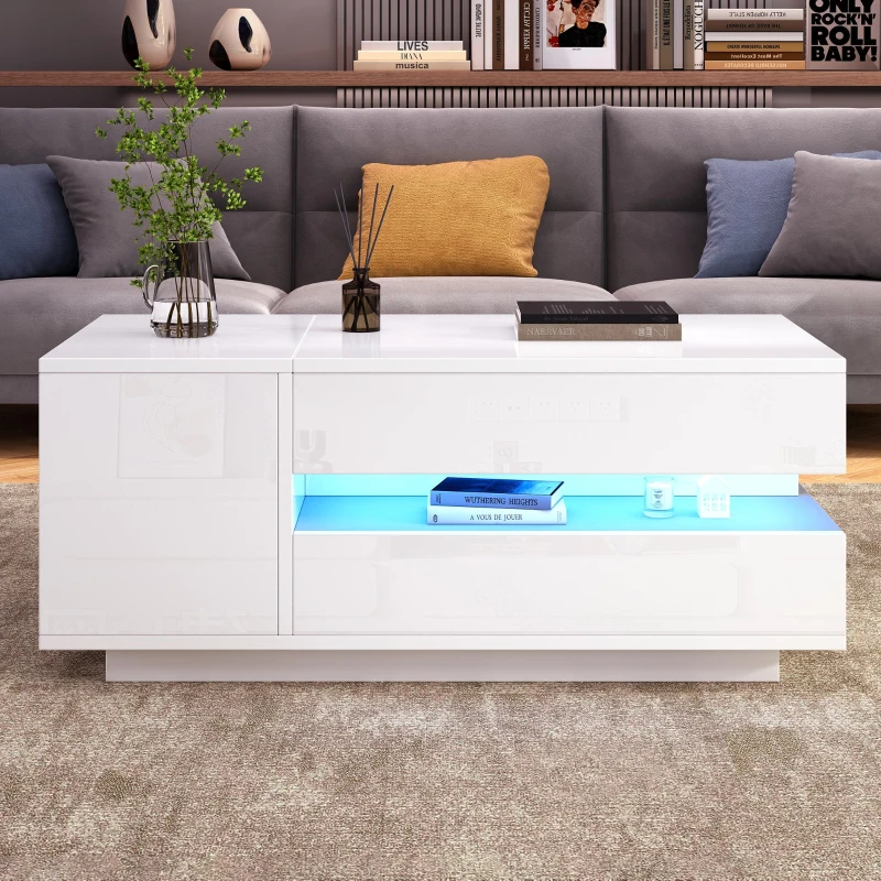Height-Adjustable Coffee Table with App-Controlled RGB LED Lighting, Modern Center Table with Hidden Storage, 37.5" L x 19.5" W x 15.5" H, White