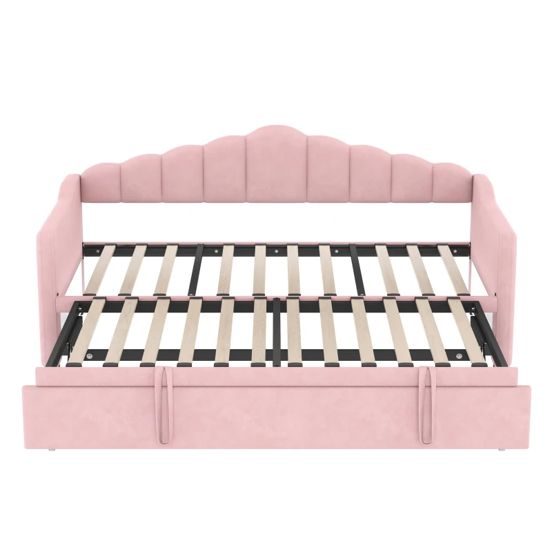 Twin-Size Upholstered Daybed with Height-Adjustable Pop-Up Trundle, Space-Saving Trundle Bed with 2 Side Pockets, 82.5'' L x 41'' W x 40'' H, Pink