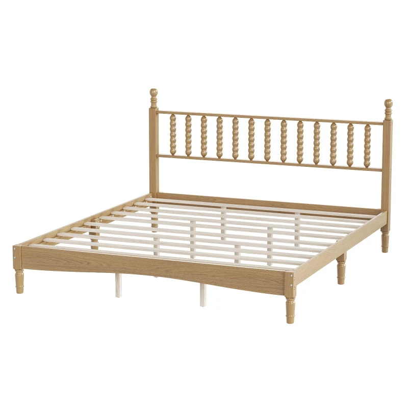 King Size Wood Platform Bed with Gourd-Shaped Headboard, Sturdy Bed Frame for Classic or Eclectic Décor, 84.5'' L x 79'' W x 45'' H, Natural