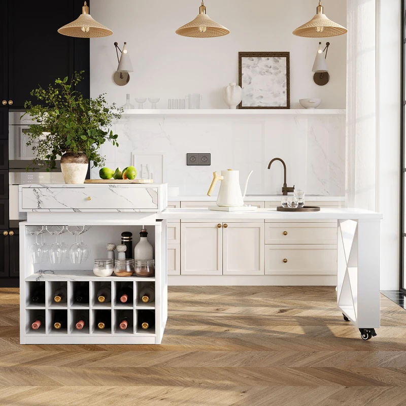 Modern Bar Table with 4-in-1 Extendable Pull-Out Table and Lockable Wheels, Kitchen Island with Adjustable Shelf, 82.5" L x 32.5" W x 28" H, White