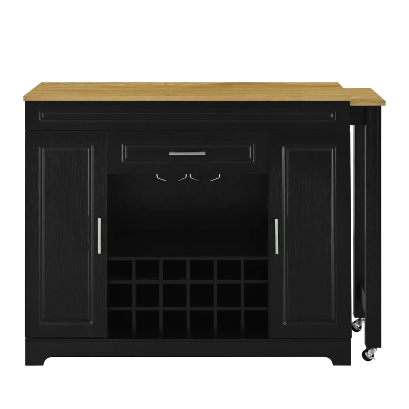 Expandable Bar Table with Adjustable Shelves and Rear Casters, Versatile Kitchen Counter with 2 Doors, 87.5″ L x 19.5″ W x 36″ H, Black+Natural