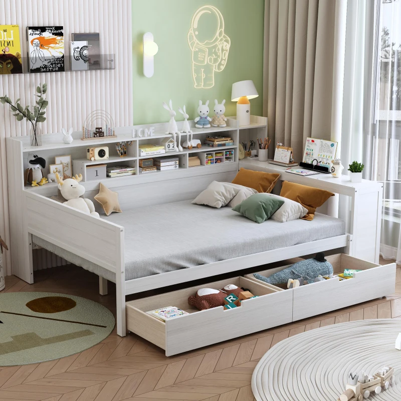 Full Size Daybed with 2 Large Drawers and Built-In Study Desk, Space-Saving Guest Bed with Side Storage Shelves, 91.5'' L x 65'' W x 45'' H, Antique White