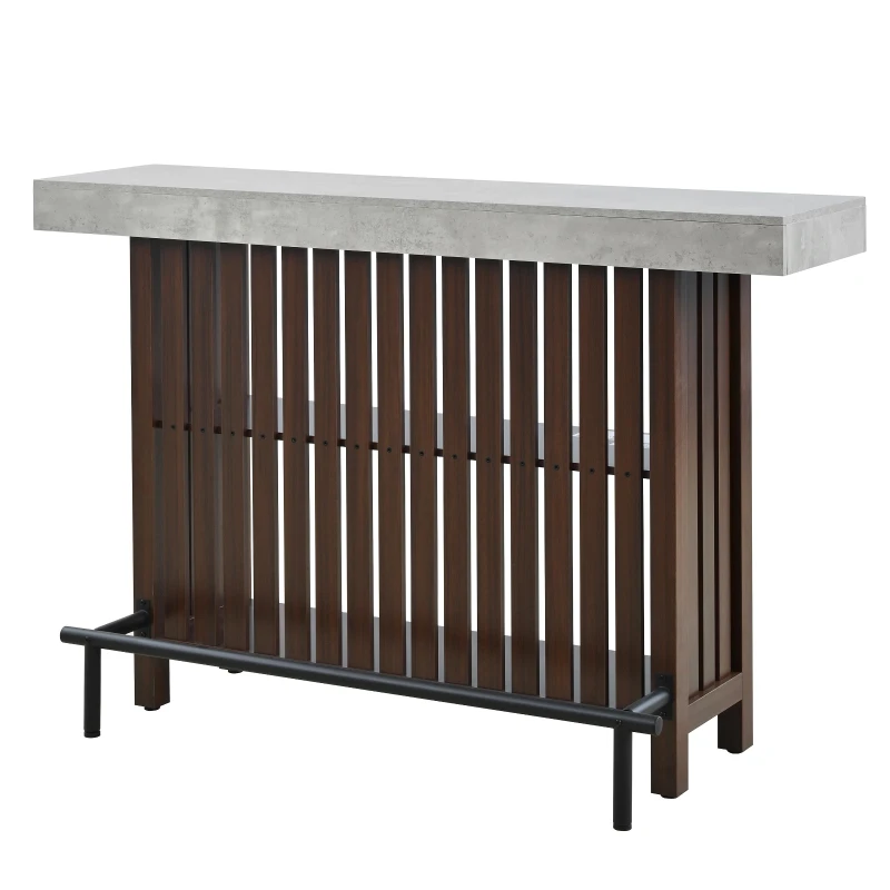 3-In-1 Dining Table with Marble-Grain MDF Top, Space-Saving Bar Table with Metal Footrest, 63" L x 15.5" W x 41" H, Brown