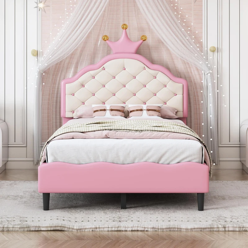 Twin Princess Platform Bed with Crown-Shaped Tufted Headboard, Crown Fantasy Bed Frame with Plywood Frame, 77.5'' L x 41'' W x 48.5'' H, Pink