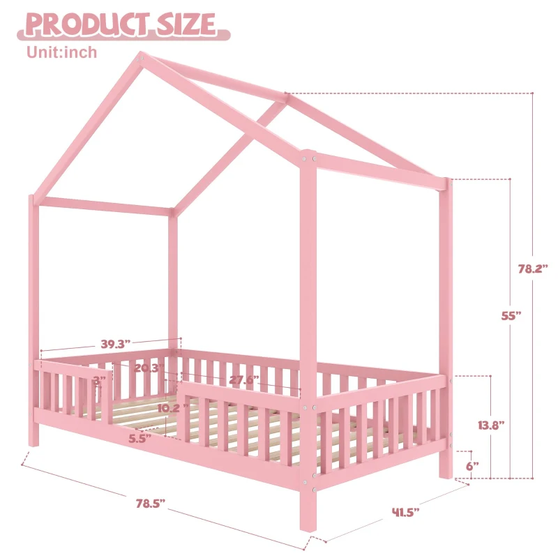 Twin-Size House-Style Toddler Bed Frame with 4-Sided High Railings, Montessori Floor Bed with Canopy, 78.5'' L x 41.5'' W x 78'' H, Pink
