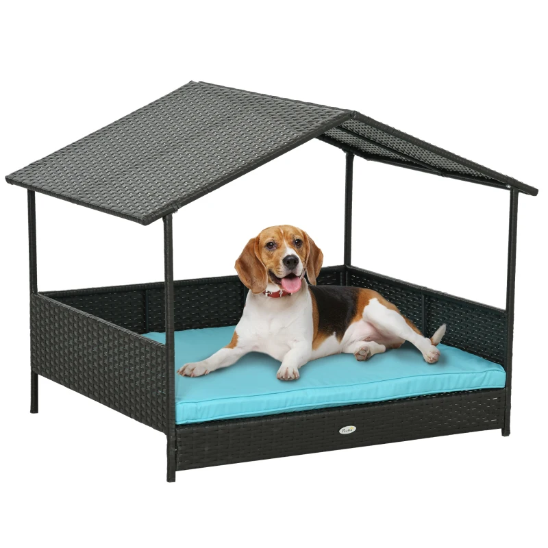 PawHut Rattan Dog House with Canopy, Wicker Dog Bed with Water-Resistant Cushion, for Small and Medium Breeds Blue