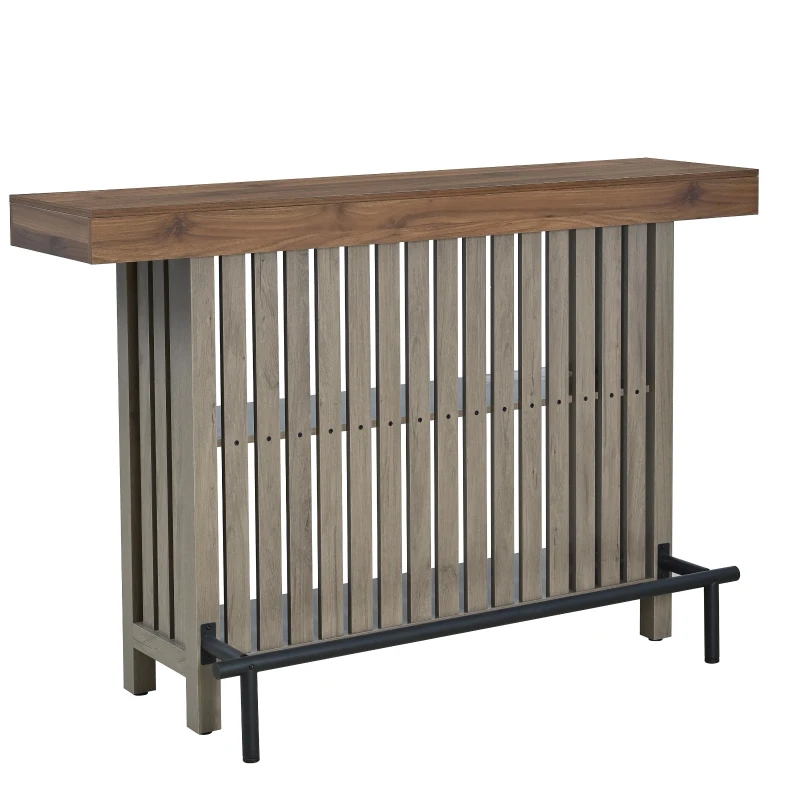 3-In-1 Dining Table with Marble-Grain MDF Top, Space-Saving Bar Table with Metal Footrest, 63" L x 15.5" W x 41" H, Grey
