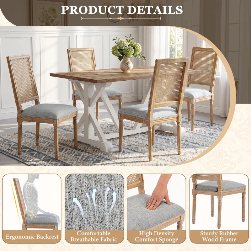 Set of 2 Dining Chairs with Padded Seats and Cane Backrest, Cane Back Dining seating with Rubberwood Frame, 20'' L x 22'' W x 39.5'' H, Grey+Green