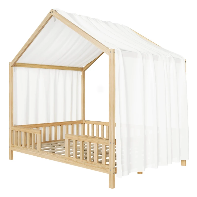 Full-Size Montessori Floor Bed with High Guard Railings, Natural Finish Bed Frame for Kid-Friendly Room, 78.5'' L x 56.5'' W x 78'' H, Natural
