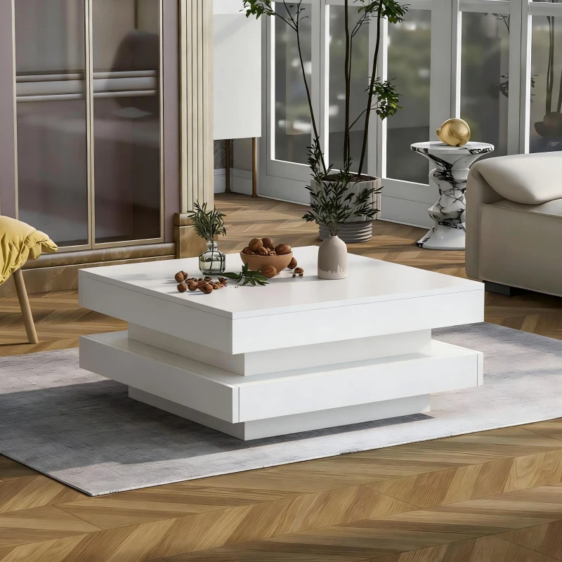Square High-Gloss Coffee Table with App-Controlled LED Lighting, Modern Center Table with Double-Layer Storage, 27.5" L x 27.5" W x 14" H, White