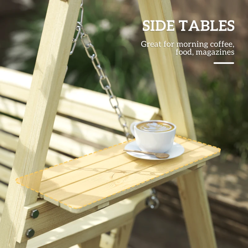 Outsunny 3 Seat Wooden Porch Swing with Stand, Patio Swing with Side Tables, for Garden, Poolside, Backyard, Natural Wood