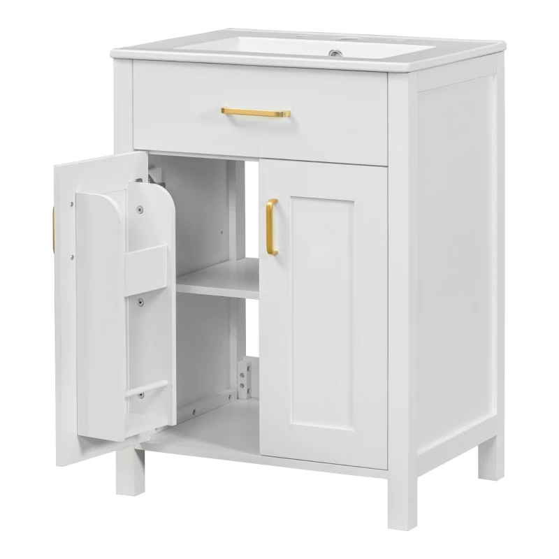 Modern Bathroom Vanity with 4 Doors, 2 Drawers and Adjustable Shelf, Freestanding Cabinet with Ceramic Sink, 48.5'' L x 18.5'' W x 34'' H, White