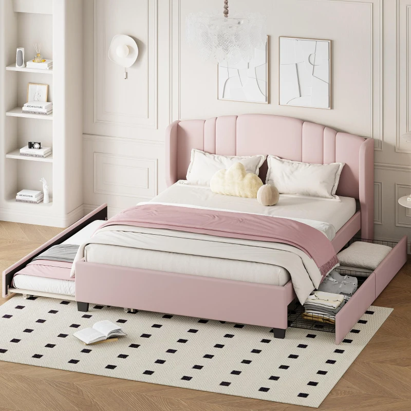 Upholstered Platform Bed with Wingback Headboard and Twin Trundle, Queen Size Bed Frame with Wooden Slat System, 86'' L x 65'' W x 43'' H, Pink