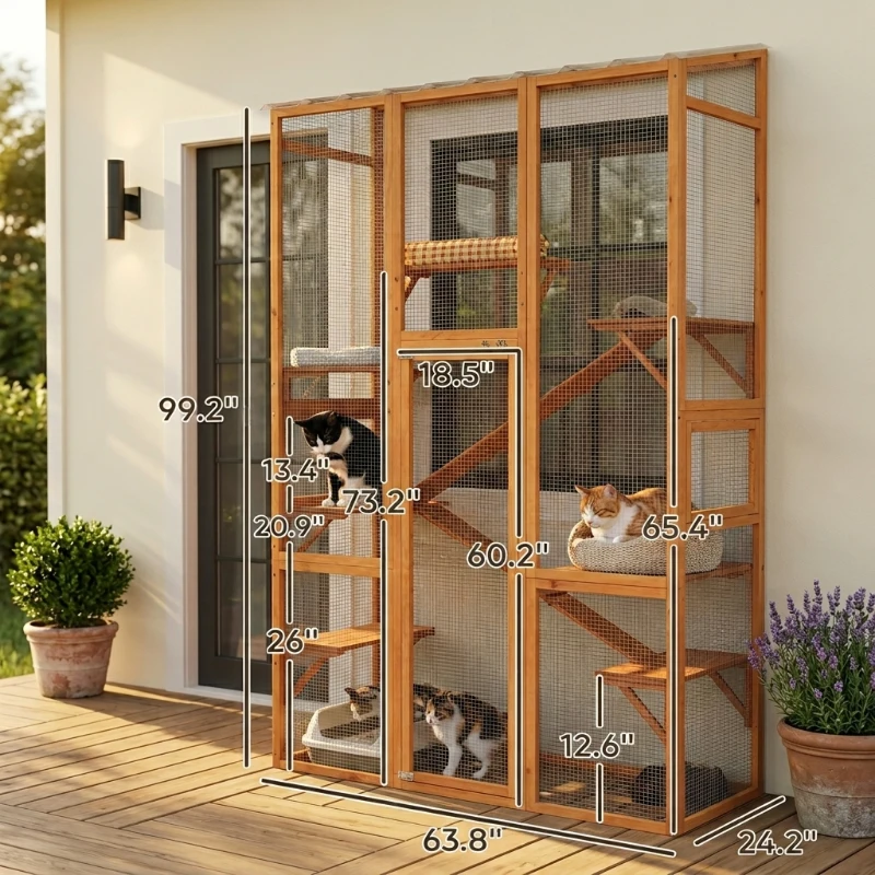PawHut Outdoor Catio Cat Enclosure, Large Wooden Cat House with 6 Jumping Platforms, Scratching Post, 2 Ramps, for 2-3 Kittens