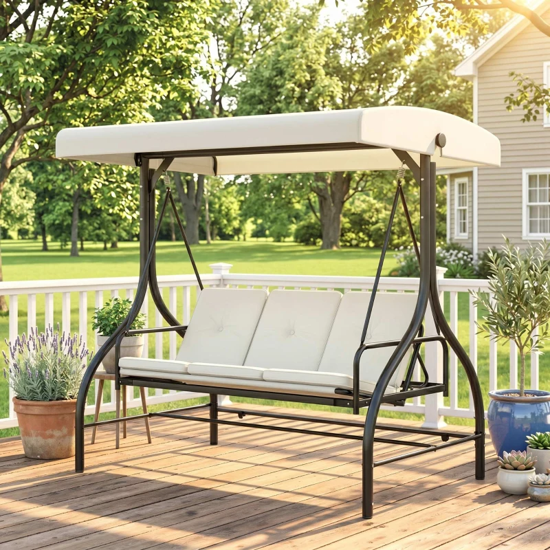 Outsunny Convertible Patio Swing Bed with Canopy and Cushions, 3 Seater Porch Swing for Outdoor, Backyard, Garden, Cream White