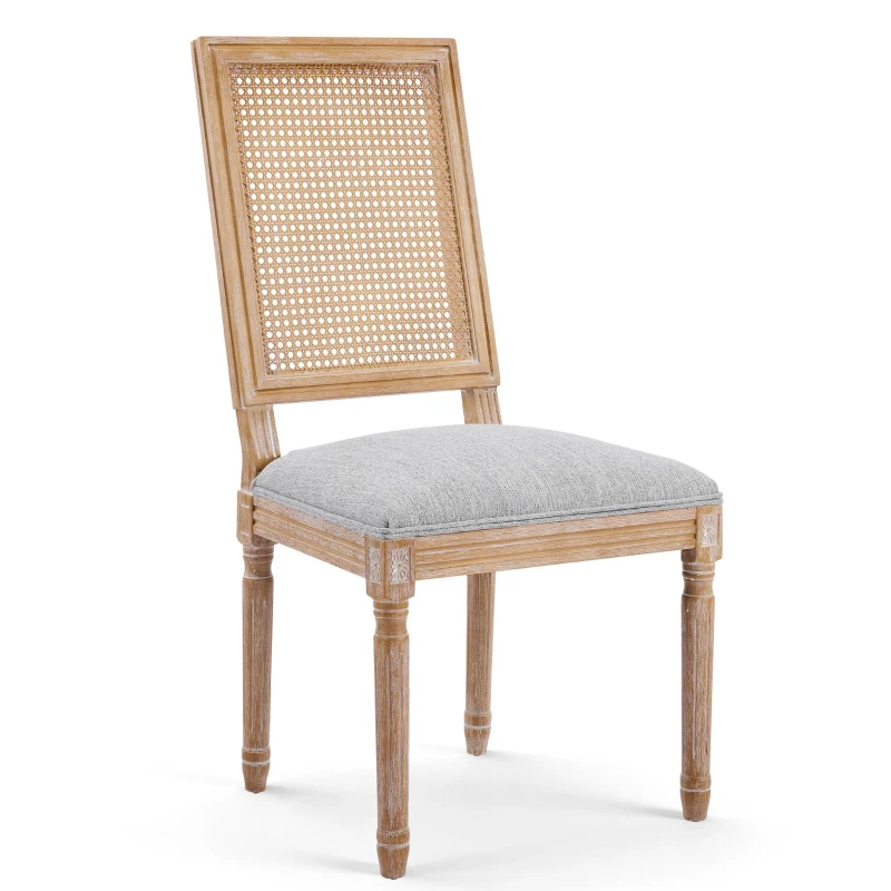 Set for 2 Dining Chair with Rectangular Cane Backrest and Padded Seat, Cane Back Dining Chairs with Fluted Legs, 20'' L x 22'' W x 39.5'' H, Light Grey