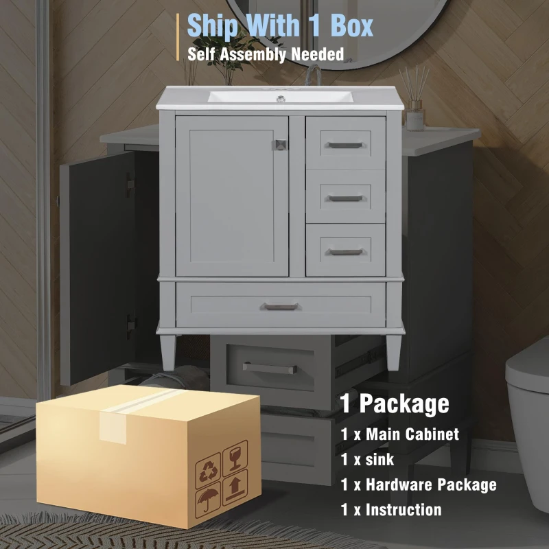 Modern Bathroom Vanity with Sink Combo, Solid Wood Frame, Ample Storage Cabinet with Soft-Close Door, 30" L x 18" W x 34" H, Grey