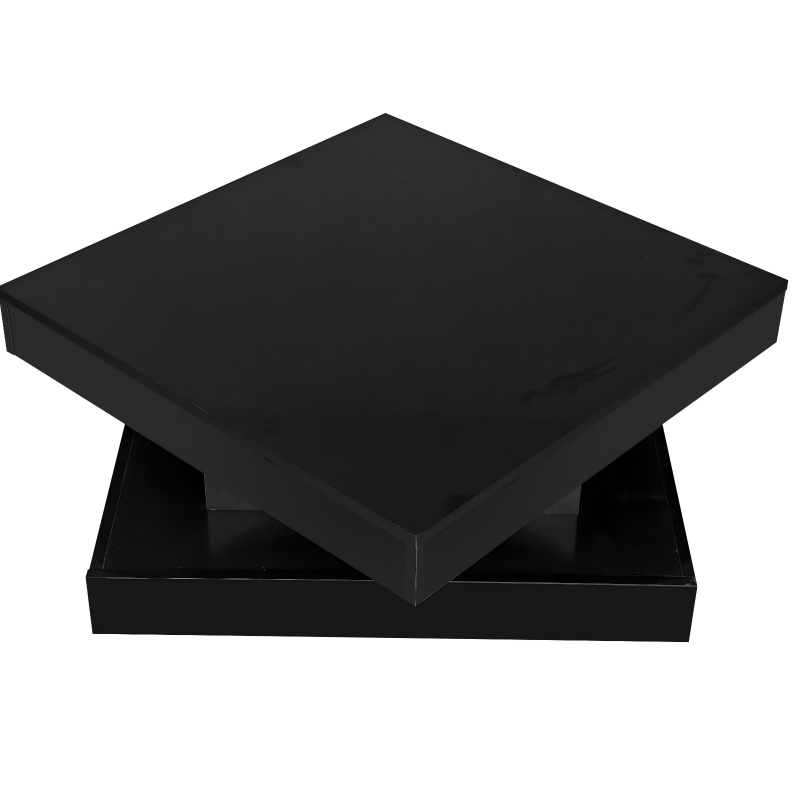 Square High-Gloss Coffee Table with App-Controlled LED Lighting, Modern Center Table with Double-Layer Storage, 27.5" L x 27.5" W x 14" H, Black