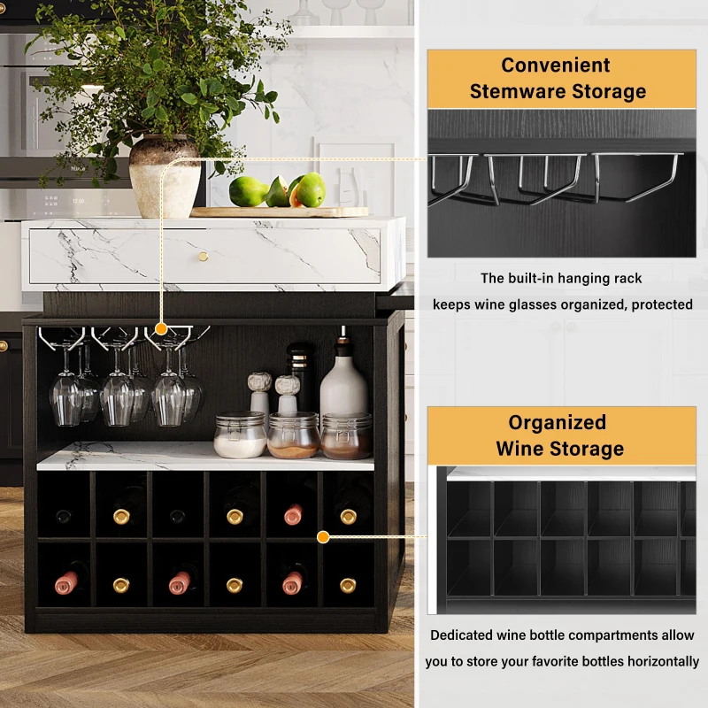 Modern Bar Table with 4-in-1 Extendable Pull-Out Table and Lockable Wheels, Kitchen Island with Adjustable Shelf, 82.5" L x 32.5" W x 28" H, Black