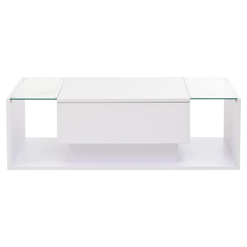 High-Gloss Coffee Table with Tempered Glass Storage, Compact Center Table with Semi-Open Shelf, 39.5″ L x 19.5″ W x 12″ H, White