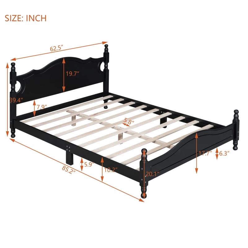 Queen Size Platform Bed with Retro Headboard and 10 Plywood Slats, Durable Bed Frame with Plywood Construction, 85'' L x 62.5'' W x 39.5'' H, Black
