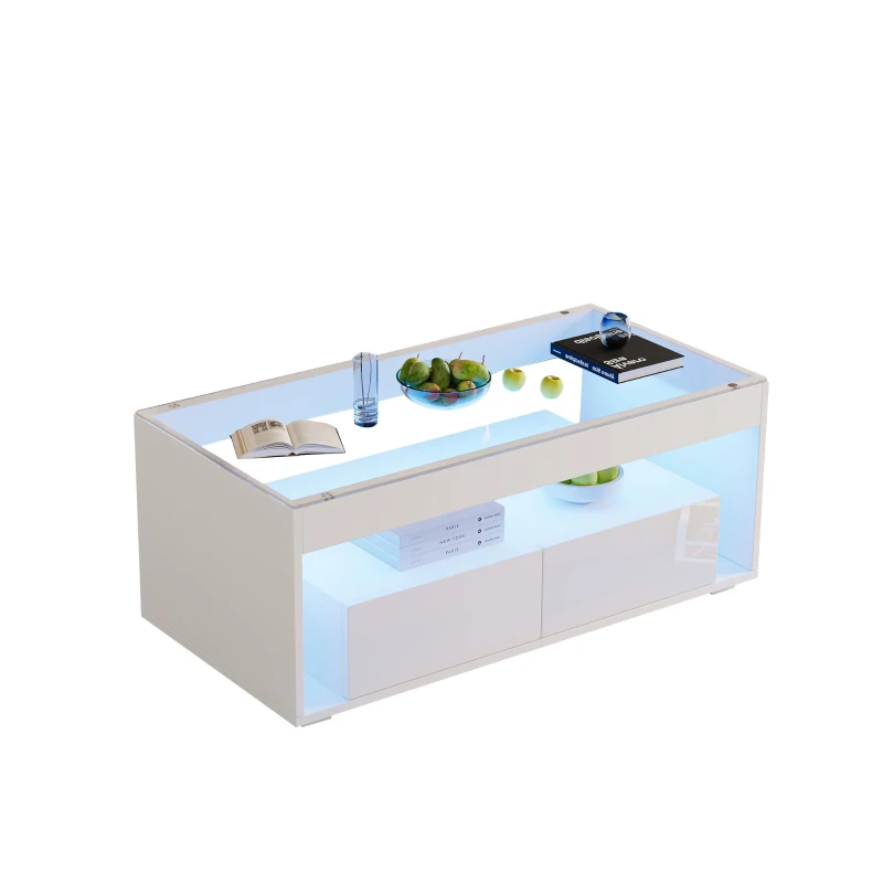 High-Gloss Coffee Table with App-Controlled RGB LED Strip, Spacious Center Table with Open Double-Layer Storage, 39.5" L x 19.5" W x 15.5" H, White