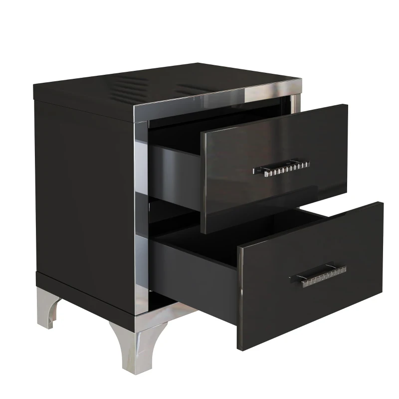 Elegant High Gloss Nightstand with Mirrored Front and 2 Drawers, Stylish Bedside Table for Large Bedrooms, 22.5'' L x 15.5'' W x 23.5'' H, Black