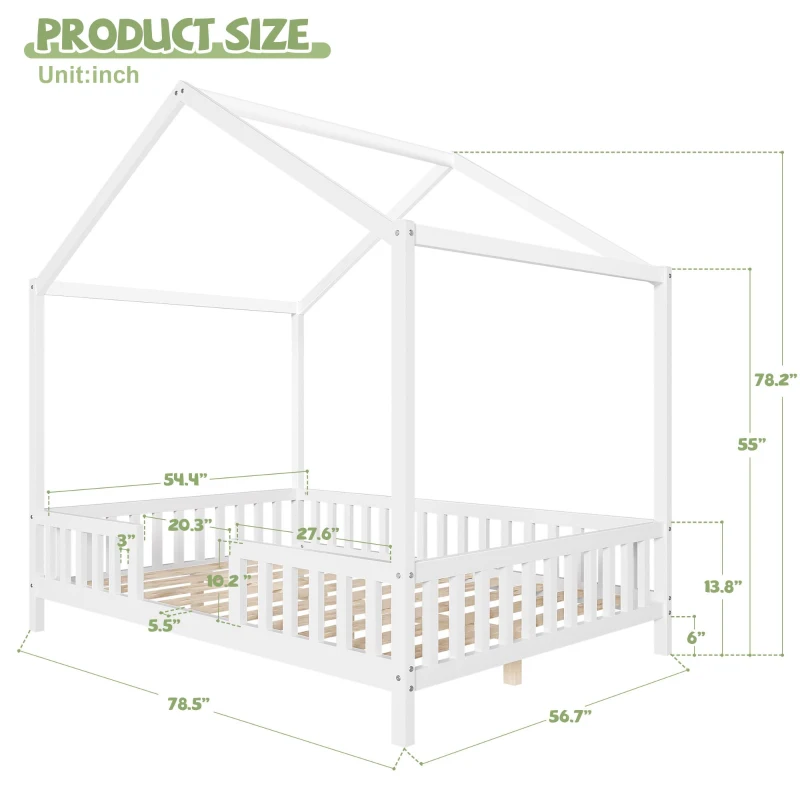 Full-Size Montessori Floor Bed with Canopy and Sturdy Pine, House-Style Platform Bed for Kids' Rooms, 78.5'' L x 56.5'' W x 78'' H, White