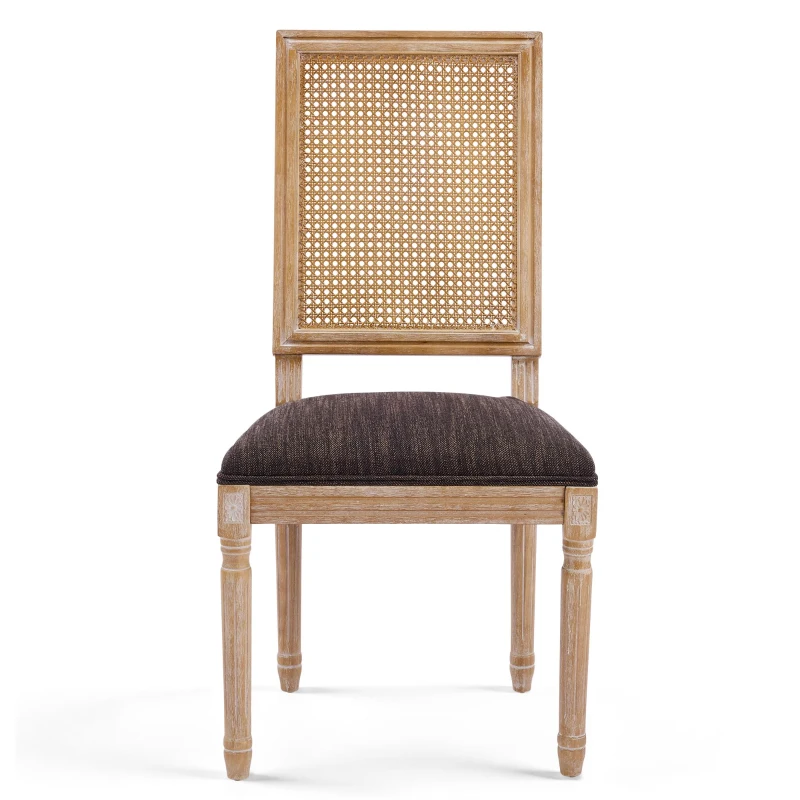 Set for 2 Dining Chairs with Rectangular Cane Backrest and Padded Seat, Cane Back Dining Seating with Fluted Legs, 20'' L x 22'' W x 39.5'' H, Brown