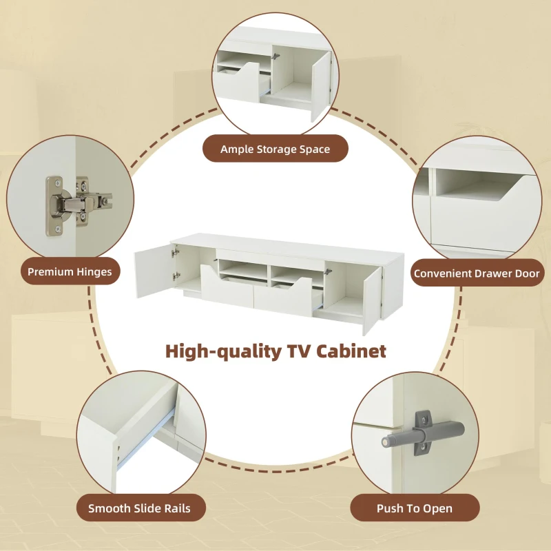 Stylish TV Stand with High-Gloss Push-to-Open Doors, Spacious TV Cabinet with App-Controlled LED Strip, 65" L x 15.5" W x 17.5" H, White