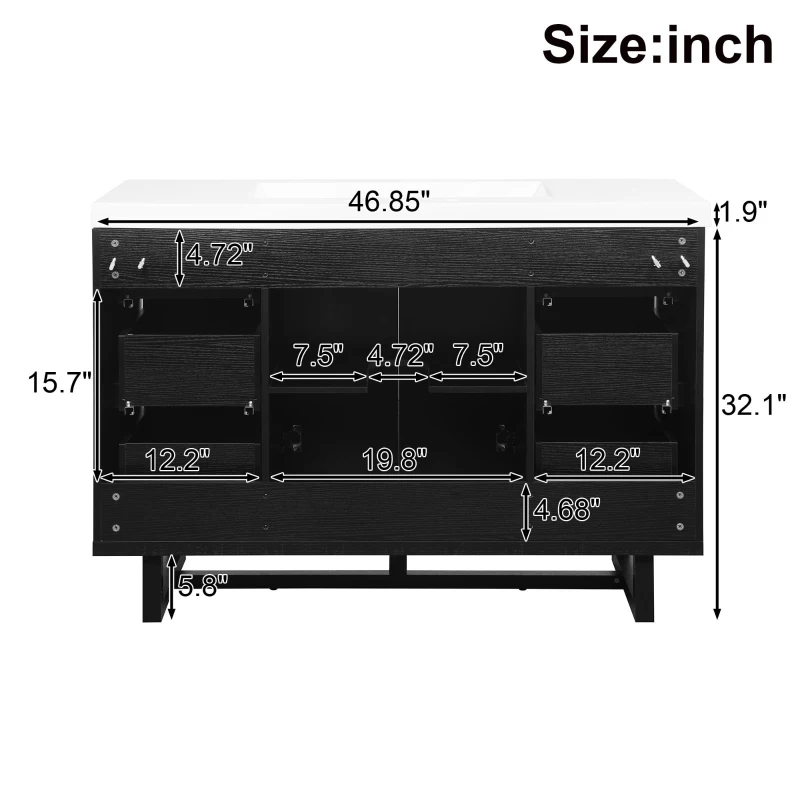 Stylish Bathroom Vanity with 2 Doors & 6 Hidden Soft-Close Drawers, Elegant Vanity Cabinet with SMC Resin Sink, 47'' L x 19.5'' W x 34'' H, Black