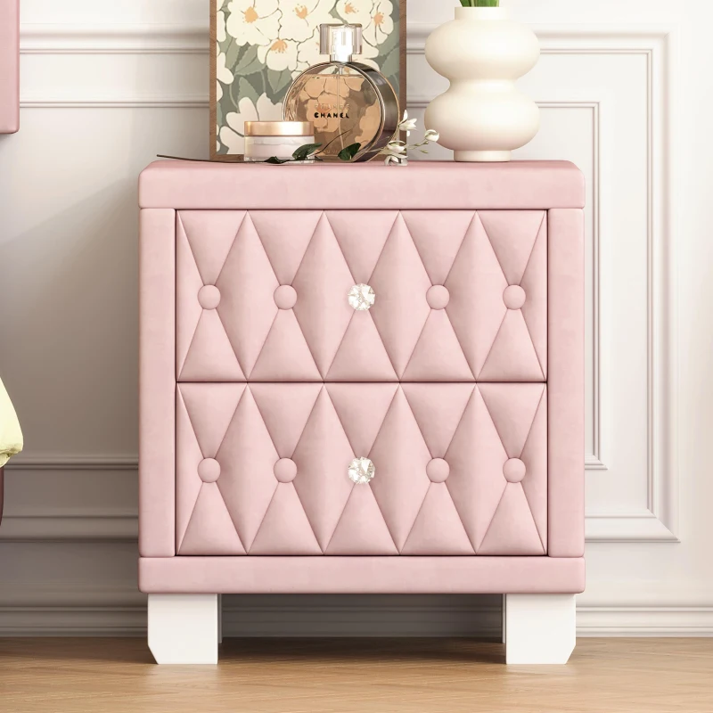 Elegant Velvet Nightstand with 2 Drawers and Crystal Handles, Soft Pink Beside Table with MDF and Storage Table, 18'' L x 18'' W x 20'' H, Pink