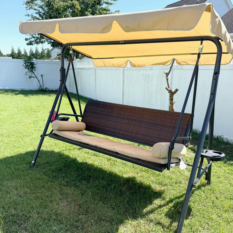 Outsunny Outdoor 3-Seat Porch Swing with Canopy, Rattan Seat, Removable Cushion, Pillows and Steel Frame