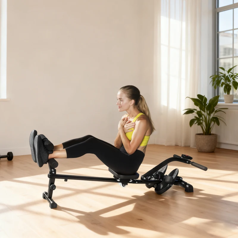 Soozier Hydraulic Rowing Machine with LCD Monitor, Sit-Up Function for Home Gym, Black