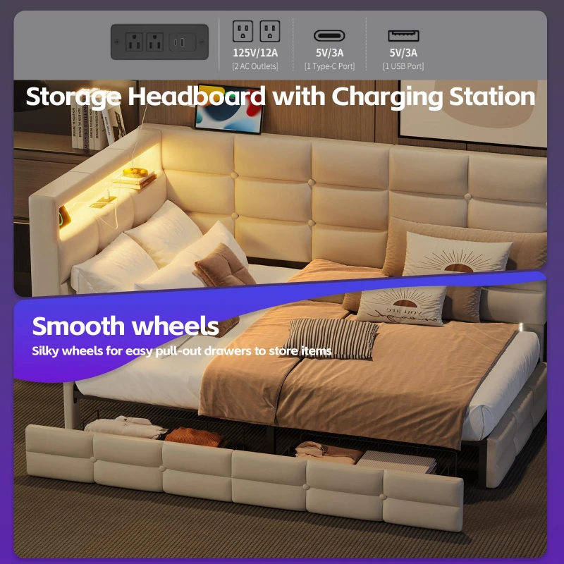 Upholstered Twin-Size Daybed with 2 Drawers and Charging Station, Multi-Functional Guest Bed with Storage Headboard, 77.5'' L x 39'' W x 35'' H, Beige