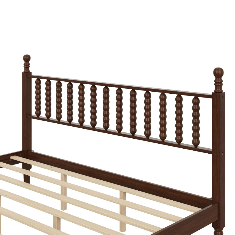 King-Size Wood Platform Bed with Gourd-Shaped Headboard, Sturdy Wooden Frame for Classic or Eclectic Interior, 84.5'' L x 79'' W x 45'' H, Walnut