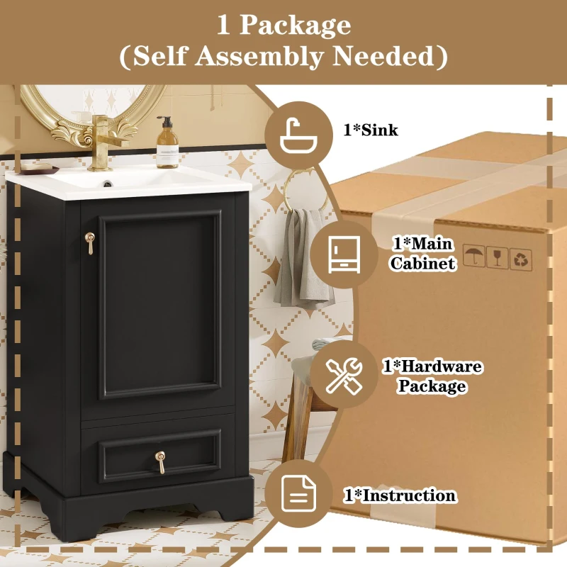 Stylish Bathroom Vanity with Ceramic Sink, Soft-Close Door & Drawer, Space-Saving Cabinet for Compact Washroom, 20'' L x 18.5'' W x 34'' H, Black