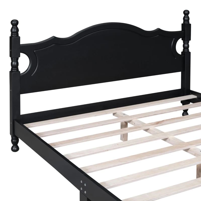 Queen Size Platform Bed with Retro Headboard and 10 Plywood Slats, Durable Bed Frame with Plywood Construction, 85'' L x 62.5'' W x 39.5'' H, Black