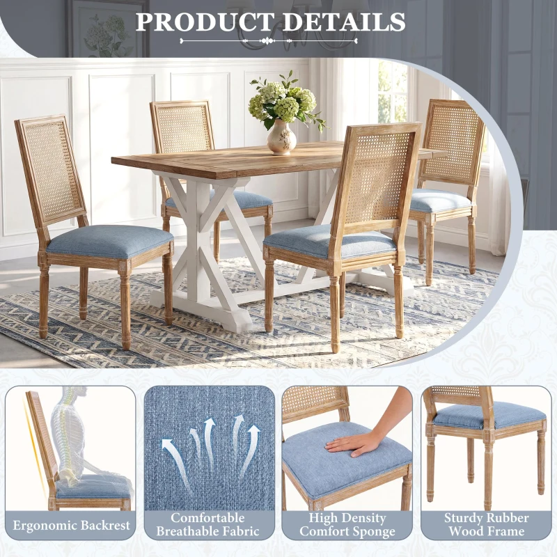 Set of 2 Dining Chairs with Eco-Friendly Rubberwood Frame, Upholstered Dining Seating with Slender Fluted Legs, 20'' L x 22'' W x 39.5'' H, Blue