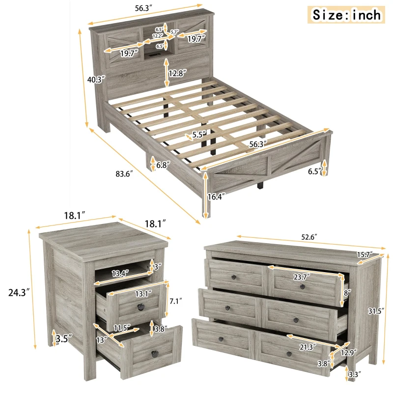 3-Piece Full Size Bedroom Set with Storage Headboard, Farmhouse Platform Bed Set with Charging Station, 83.5" L X 56.5" W X 40.5'' H, Antique Gray