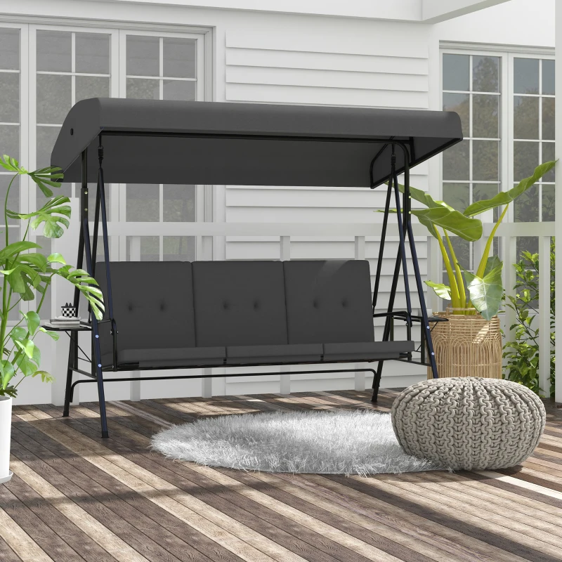 Outsunny 3-Seat Outdoor Porch Swing Patio Swing with Adjustable Canopy, Side Tray, Removable Cushion for Garden, Poolside, Grey