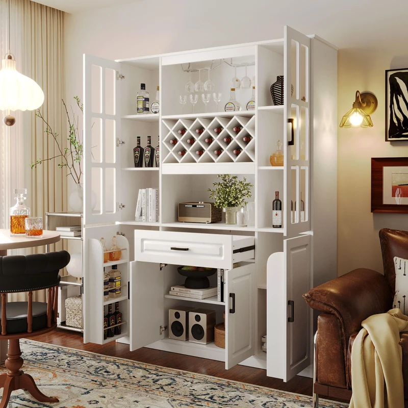 Tall Wine Cabinet with Wine Rack and Stemware Holder, 4-Door Storage Cabinet with Semi-Open Shelf, 52" L x 15.5" W x 74" H, White