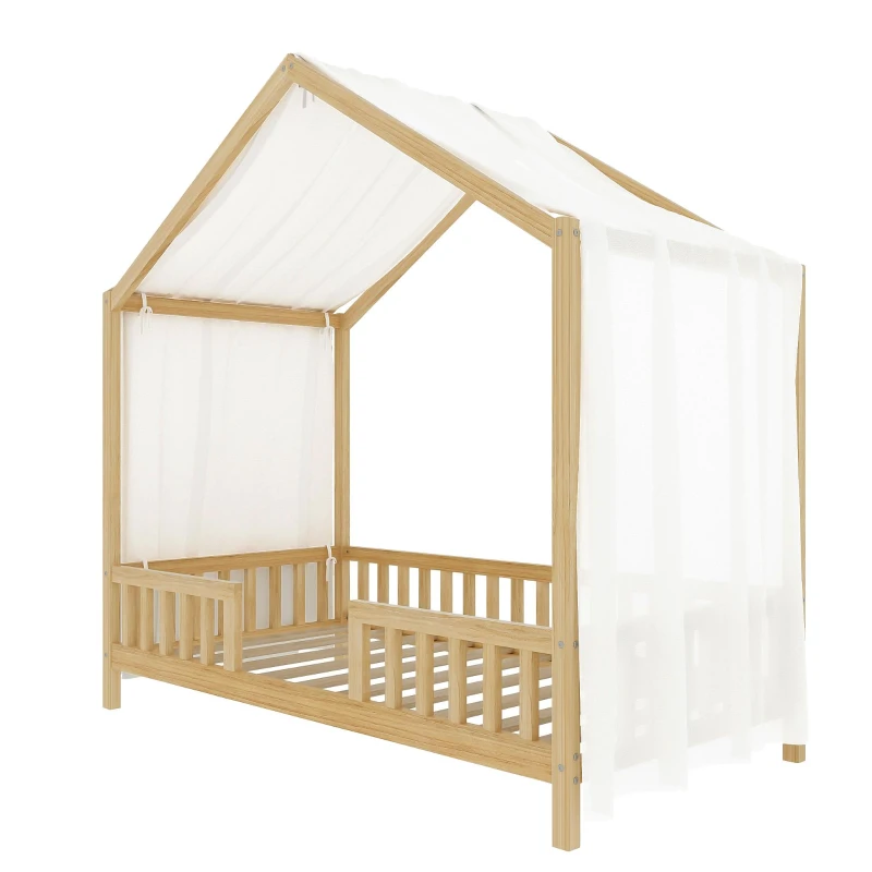 Twin House-Style Toddler Bed with Full Guardrails and DIY Canopy Frame, Montessori Floor Bed with Canopy, 78.5'' L x 41.5'' W x 78'' H, Natural