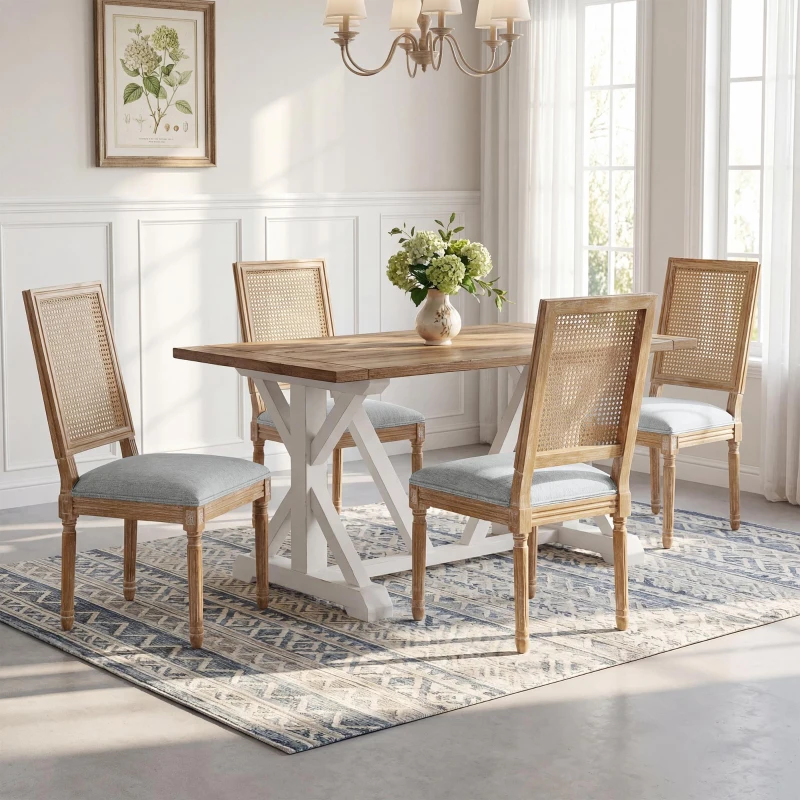 Set of 2 Dining Chairs with Padded Seats and Cane Backrest, Cane Back Dining seating with Rubberwood Frame, 20'' L x 22'' W x 39.5'' H, Grey+Green