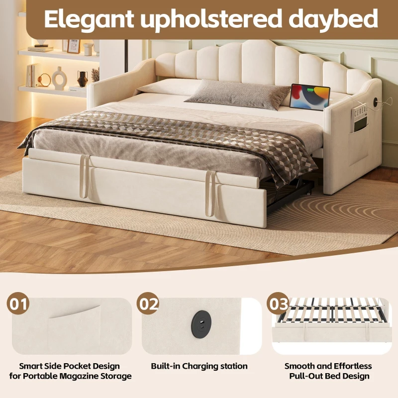 Upholstered Twin Size Daybed with Height-Adjustable Pop-Up Trundle, Lift-Up Trundle Bed with Type-C Charging Port, 82.5'' L x 41'' W x 40'' H, Beige