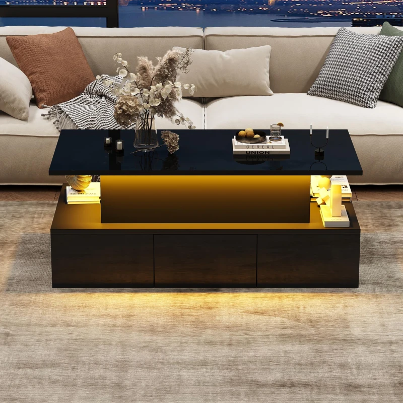 Sleek Lift-Top Coffee Table with Hydraulic Lift and App-Controlled LED Lighting, Versatile Center Table with Hidden Storage, 39.5" L x 19.5" W x 15.5" H, Black