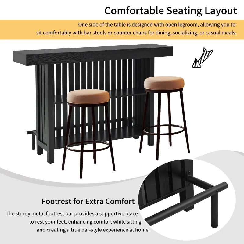 3-In-1 Dining Table with Marble-Grain MDF Top, Space-Saving Bar Table with Metal Footrest, 63" L x 15.5" W x 41" H, Black