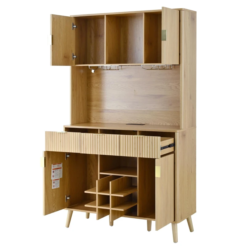 High Bar Cabinet with Smart LED Lighting (App & Music-Sync), Spacious Storage Cabinet with 9-Bottle Wine Rack, 42" L x 12" W x 72" H, Natural