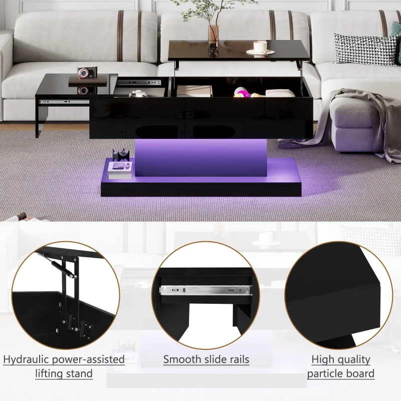 Lift-Top Coffee Table with Sliding Extendable Desktop, Space-Saving Center Table with Height-Adjustable Lift, 39.5" L x 19.5" W x 17.5" H, Black