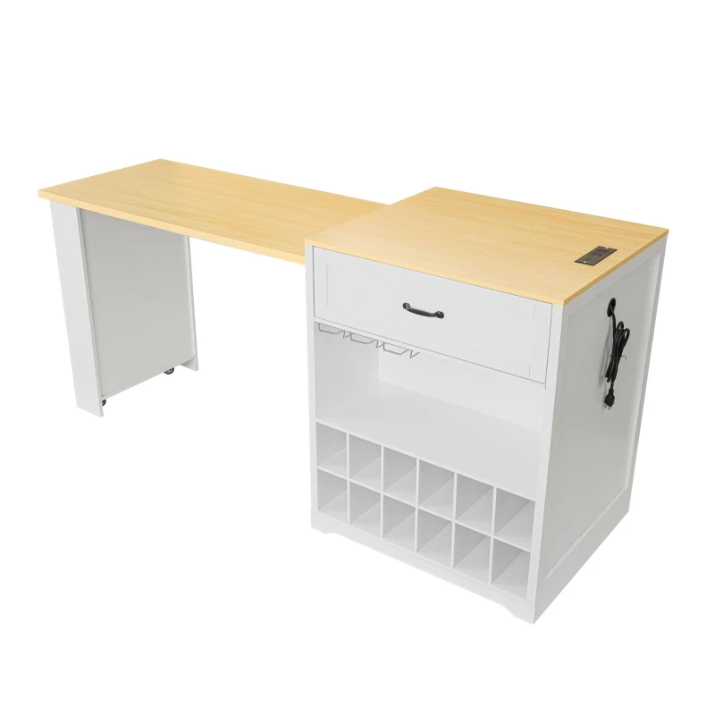 Practical Bar Table with Extendable Rolling Foldable Top, Solid Kitchen Island with Double-Sided Drawers, 82.5" L x 27.5" W x 38.5" H, White+Natural